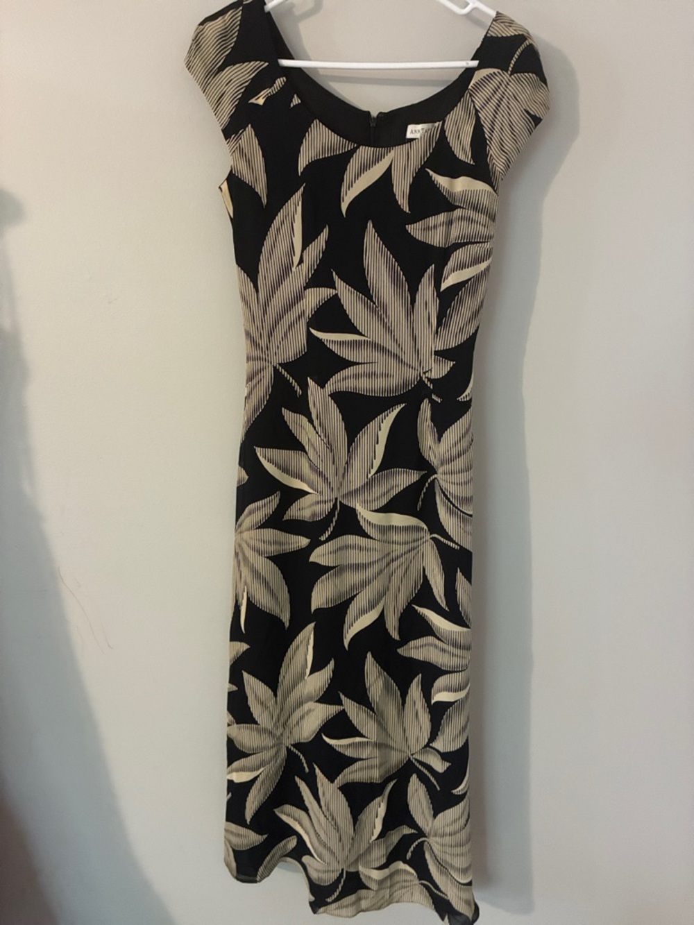 Ann Taylor Black Midi Dress with Cream Leaf Motif